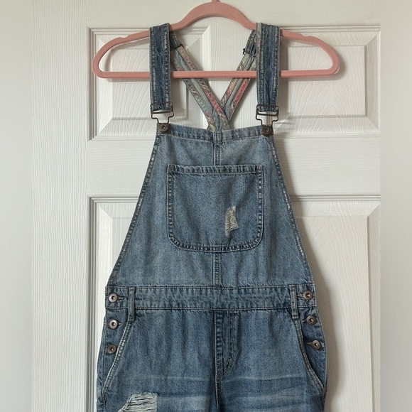 Forever 21 Distressed Patchwork Denim Overalls Y2K 90s Style Size 26 - Picture 3 of 10